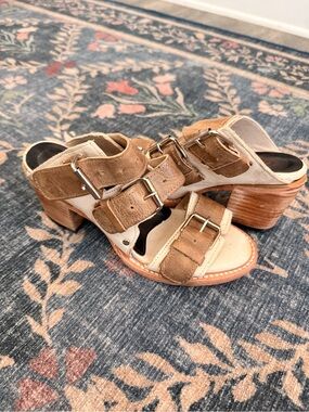 freebird Tan and Cream Buckled Leather Block Heel Sandals